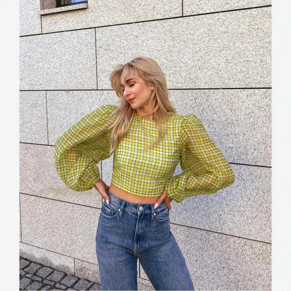Ganni Womens 8 - 10 Yellow Plaid Organza Puffed Sleeve Cropped Top Blouse - Picture 1 of 15